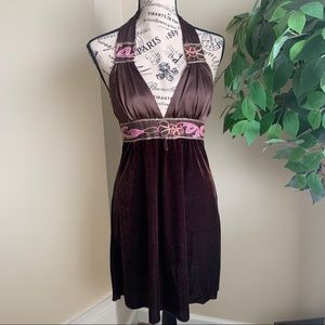 Spicewear Velvet Halter Dress Brown w Pink Sz M